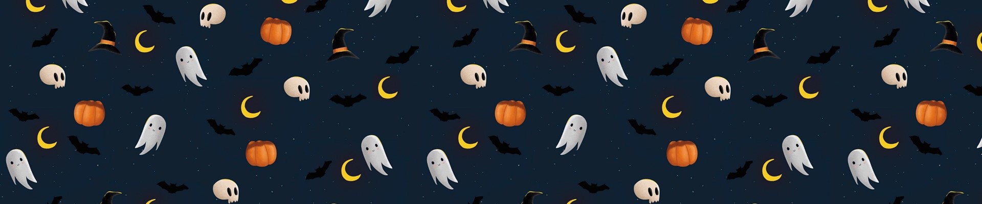 Illustration représentant plein de petits fantômes, de chauves-souris, de citrouilles, de chapeaux de sorcières, de crânes humains et de croissants de lunes.